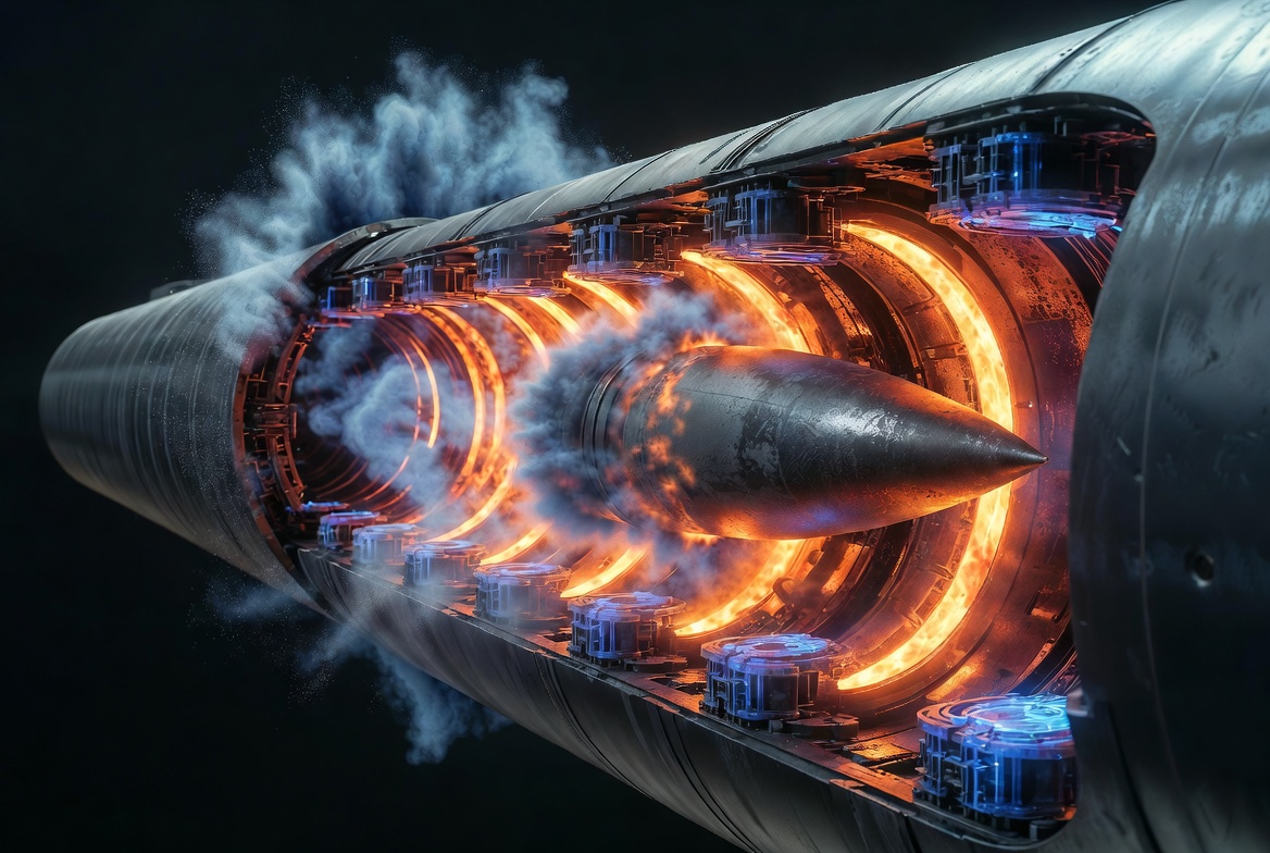 HyperCore Ram Accelerator cutaway — projectile at Mach 5+